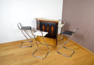 Bar 1960 en Simili-Cuir Noir, Noyer & Formica