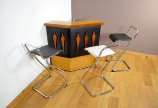 Bar 1960 en Simili-Cuir Noir, Noyer & Formica