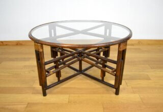 Table Ronde Modulable Vintage en Bambou et Verre 1980