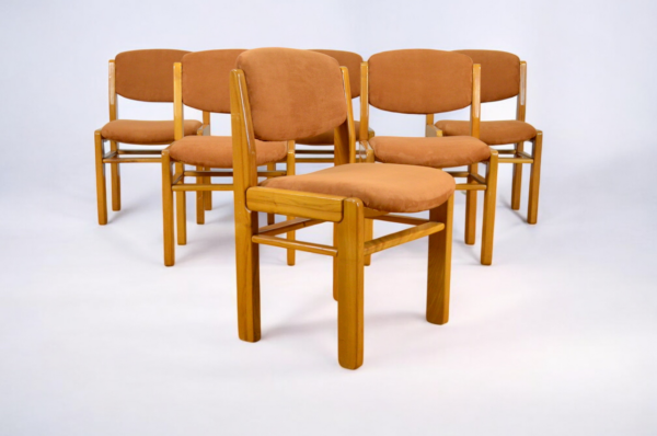 Série de 6 Chaises de la Maison Regain en Orme & Tissu 1980